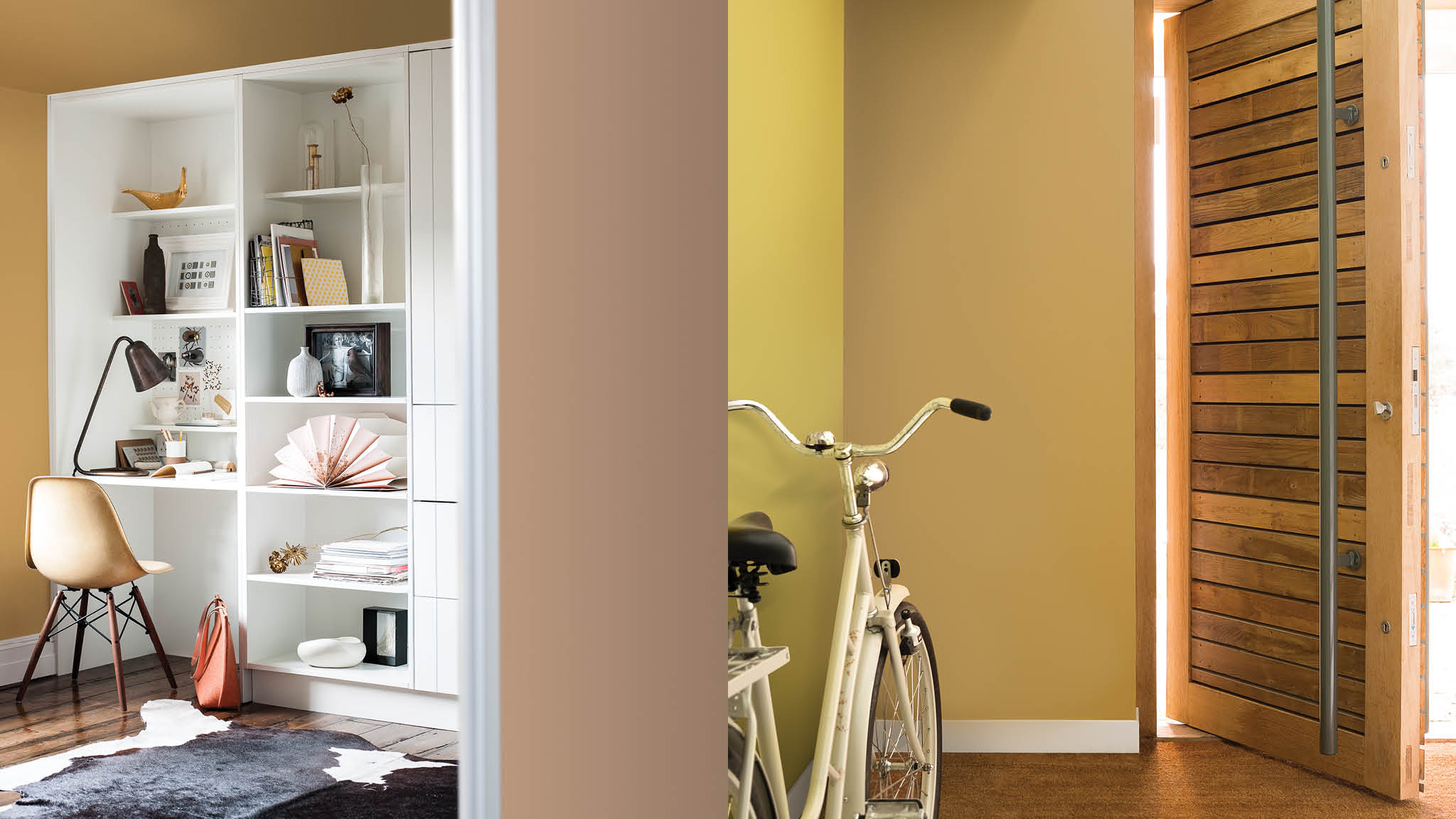 2.4 L’or, une couleur chaleureuse Pour une palette de couleurs chaleureuses, associez un ocre doré et une couleur claire et douce comme le cappuccino. Ces deux teintes naturelles se marient parfaitement et conviennent particulièrement bien aux halls d’entrée.